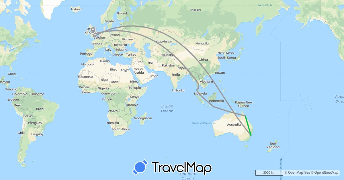 TravelMap itinerary: bus, plane, boat in Australia, United Kingdom, Indonesia, Malaysia, Thailand (Asia, Europe, Oceania)