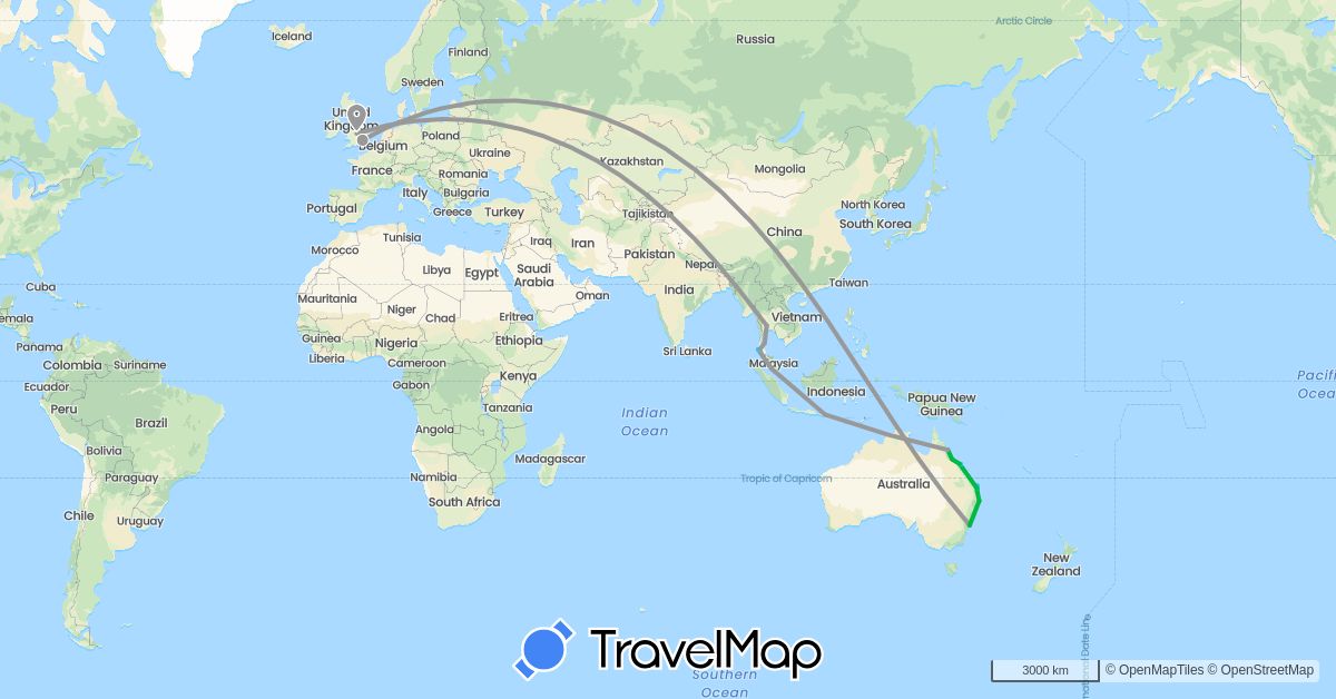 TravelMap itinerary: driving, bus, plane, boat in Australia, United Kingdom, Indonesia, Malaysia, Thailand (Asia, Europe, Oceania)